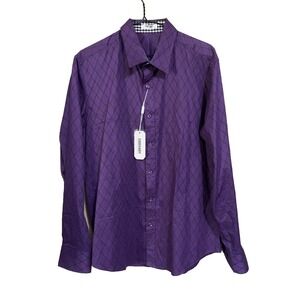 Coofandy Diamond Long Sleeve Button Up  Men M Flip Cuff Gingham‎ Contrast NWT